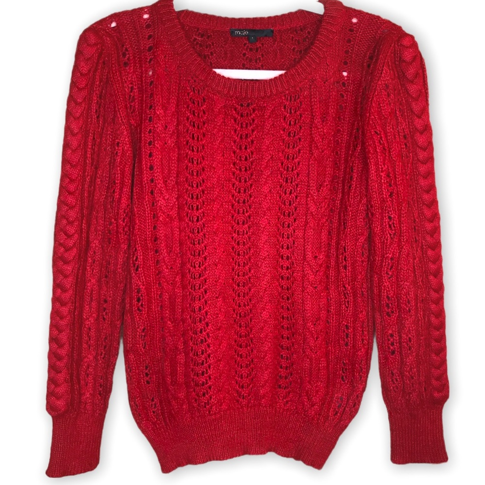 MAJE Size 2 - 4 Sweater Red Open Cable Knit LSLV Crew Size 1 Mohair Wool France